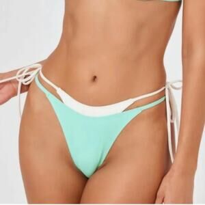 NWT l*space Fused Mackena Bikini Bottom Bright Teal Cream sz S Tie Side Revolve